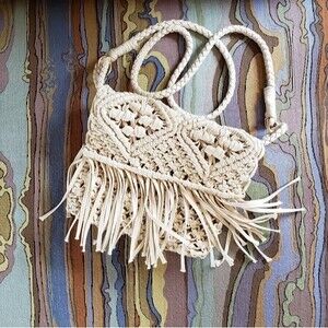 Macrame Cream Colored Crossbody with Magnetic Snap Closure 9" x 8"